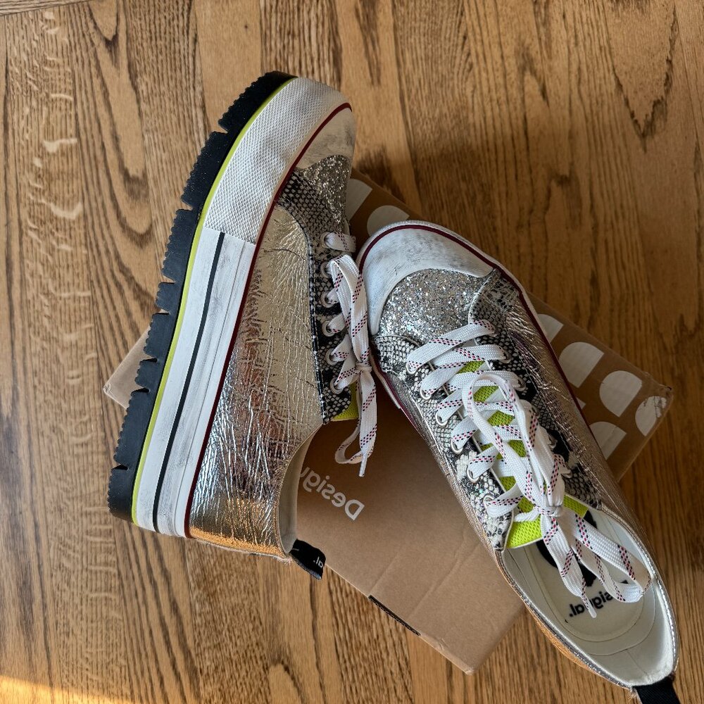 Desigual Silver Metallic Glitter Sneakers EUR 41 / US 10 NWT With Box